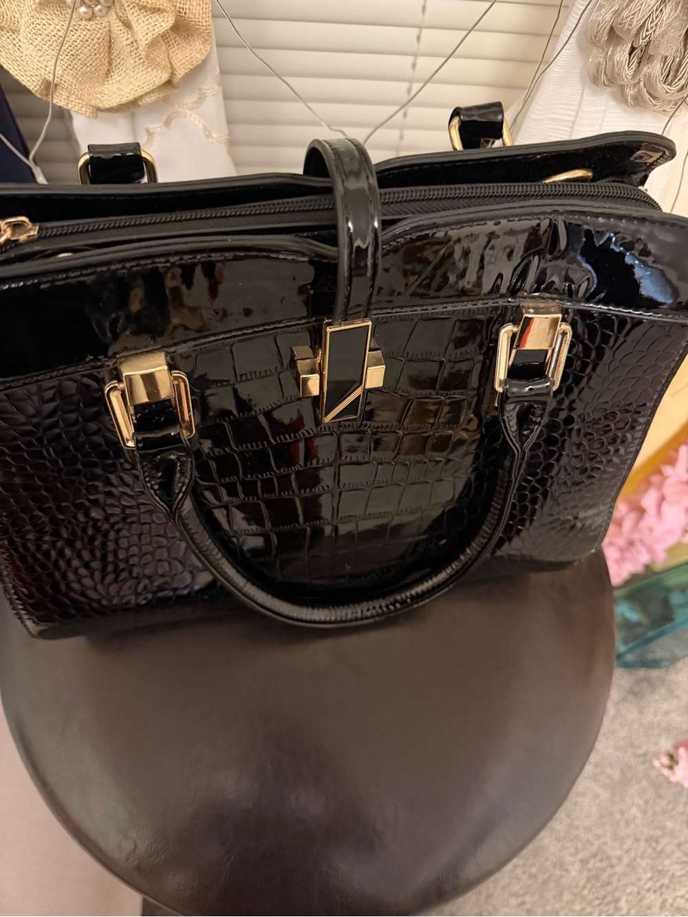 Elegant Black Patent Croc-Embossed Satchel - Gold Hardware
